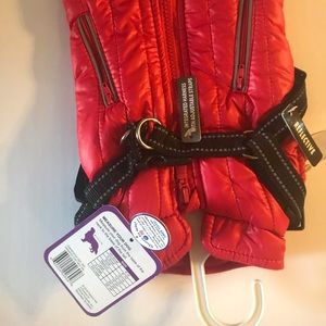 Large red dog coat with harness